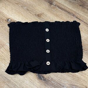 Haute Monde Black Smocked Ruffle Button-Front Crop Top